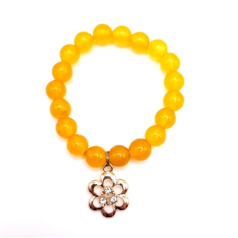 Yellow‎ Glass Bead Bracelet Gold Flower Charm Stretch Boho